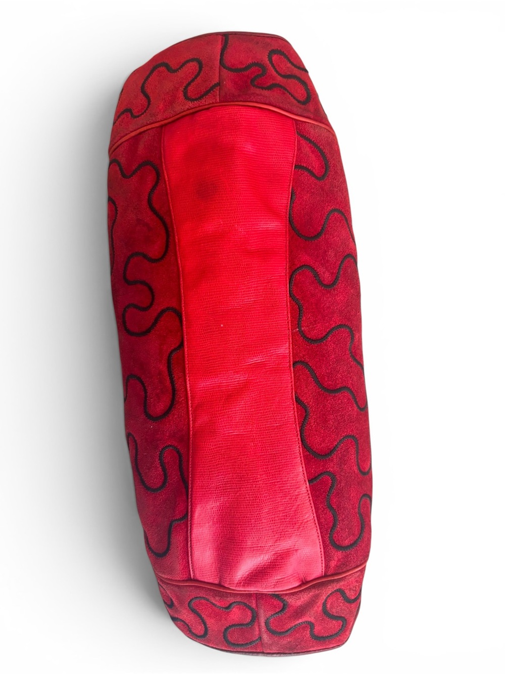 Large Vintage Sharif Red Suede Shoulder Bag with Abstract Design & Black Tassel - Picture 5 of 11